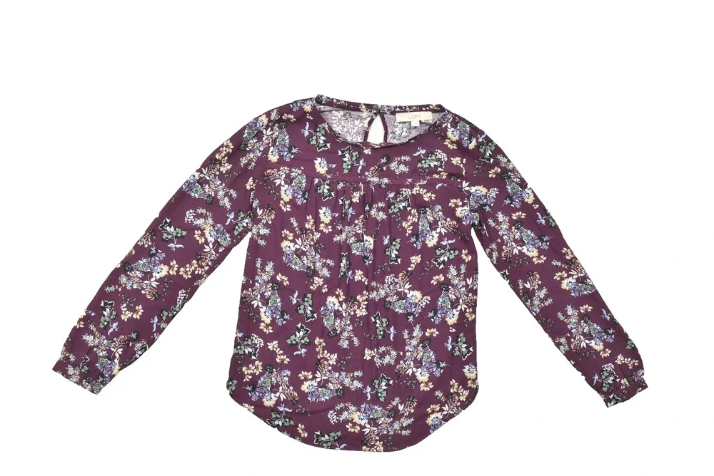 LOFT Women XS Purple Floral Long Sleeve Blouse Pleated Rayon Keyhole Back
